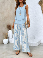 Women 2 piece set sleeveless top and wide leg leaf print pants