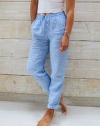 Women's casual trousers with elasticated waist, available in 6 colours including khaki, black and grey
