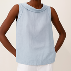 Women linen cotton sleeveless longline top with pleated collar