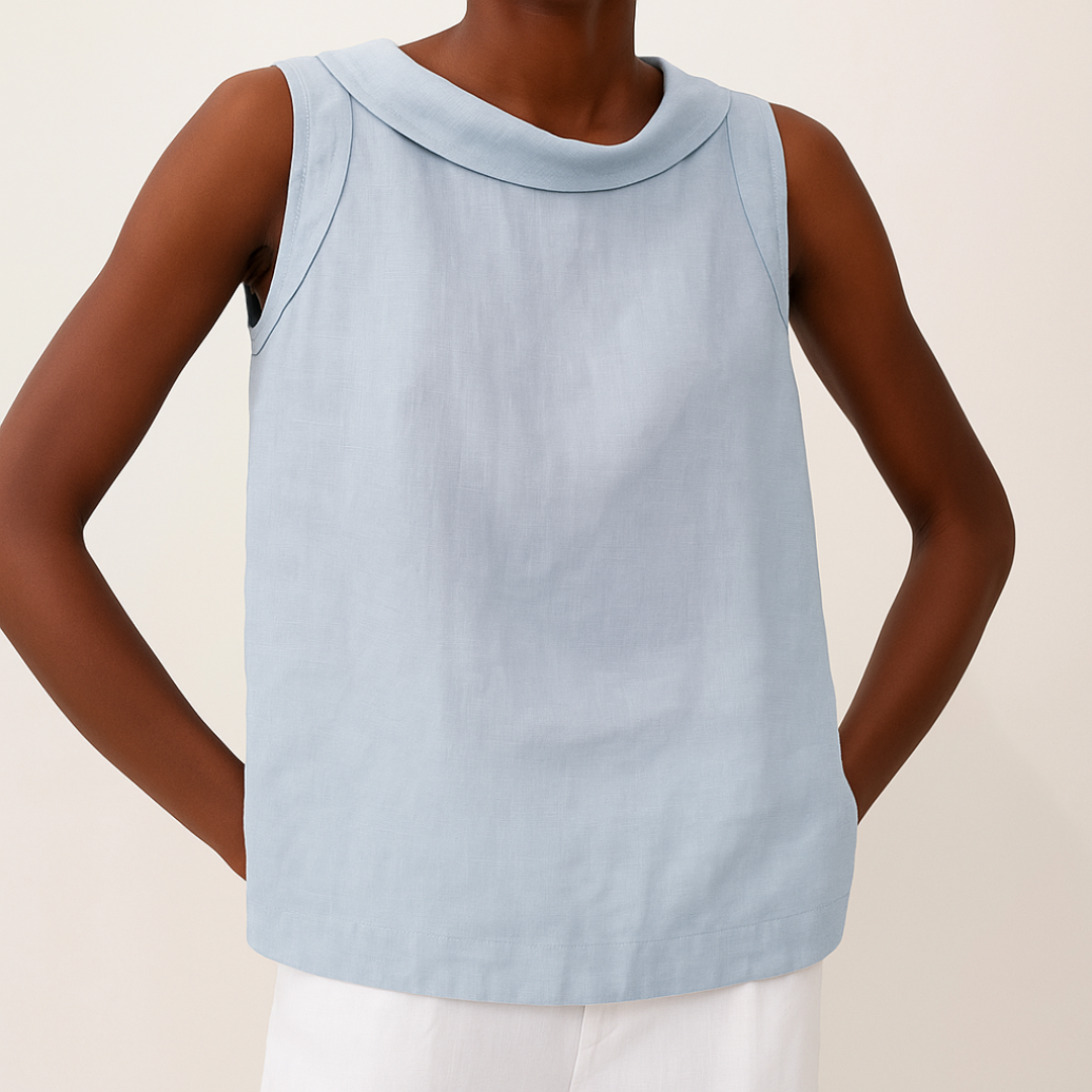 Women linen cotton sleeveless longline top with pleated collar