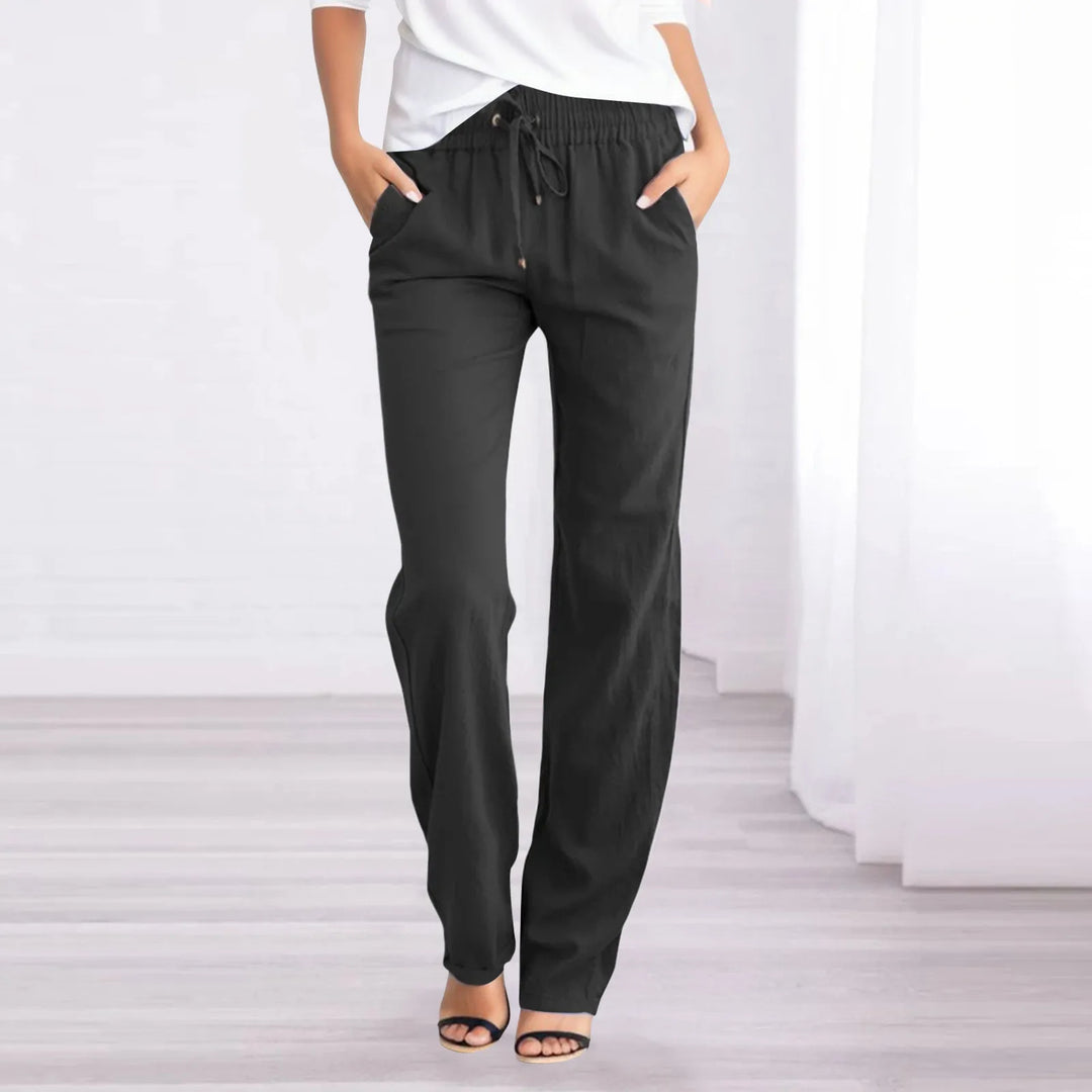 Women cotton linen trousers relaxed fit with elastic waist