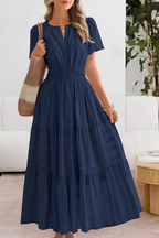 Women smocked midi dress short sleeve boho flowing skirt