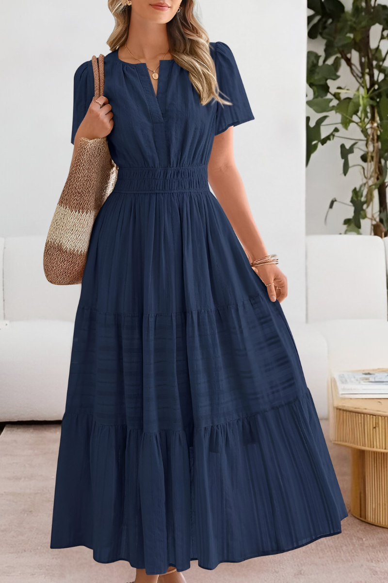 Women smocked midi dress short sleeve boho flowing skirt