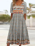 Women's boho printed square neck short sleeve midi dress in multicolor pattern