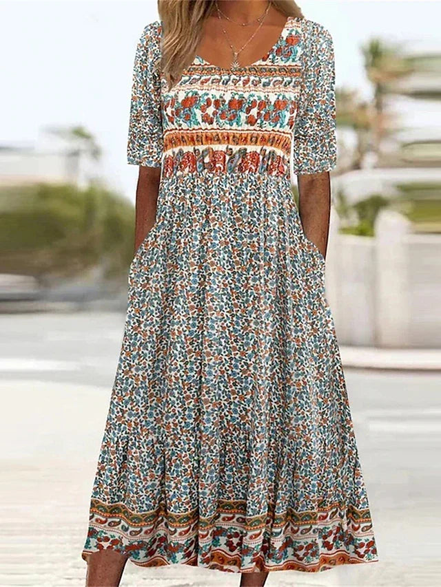 Women's boho printed square neck short sleeve midi dress in multicolor pattern