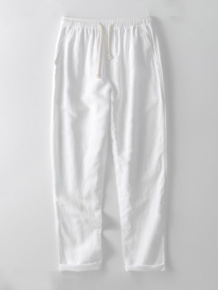 Men's linen shirt and pants set, breathable summer two-piece outfit in navy, white and black