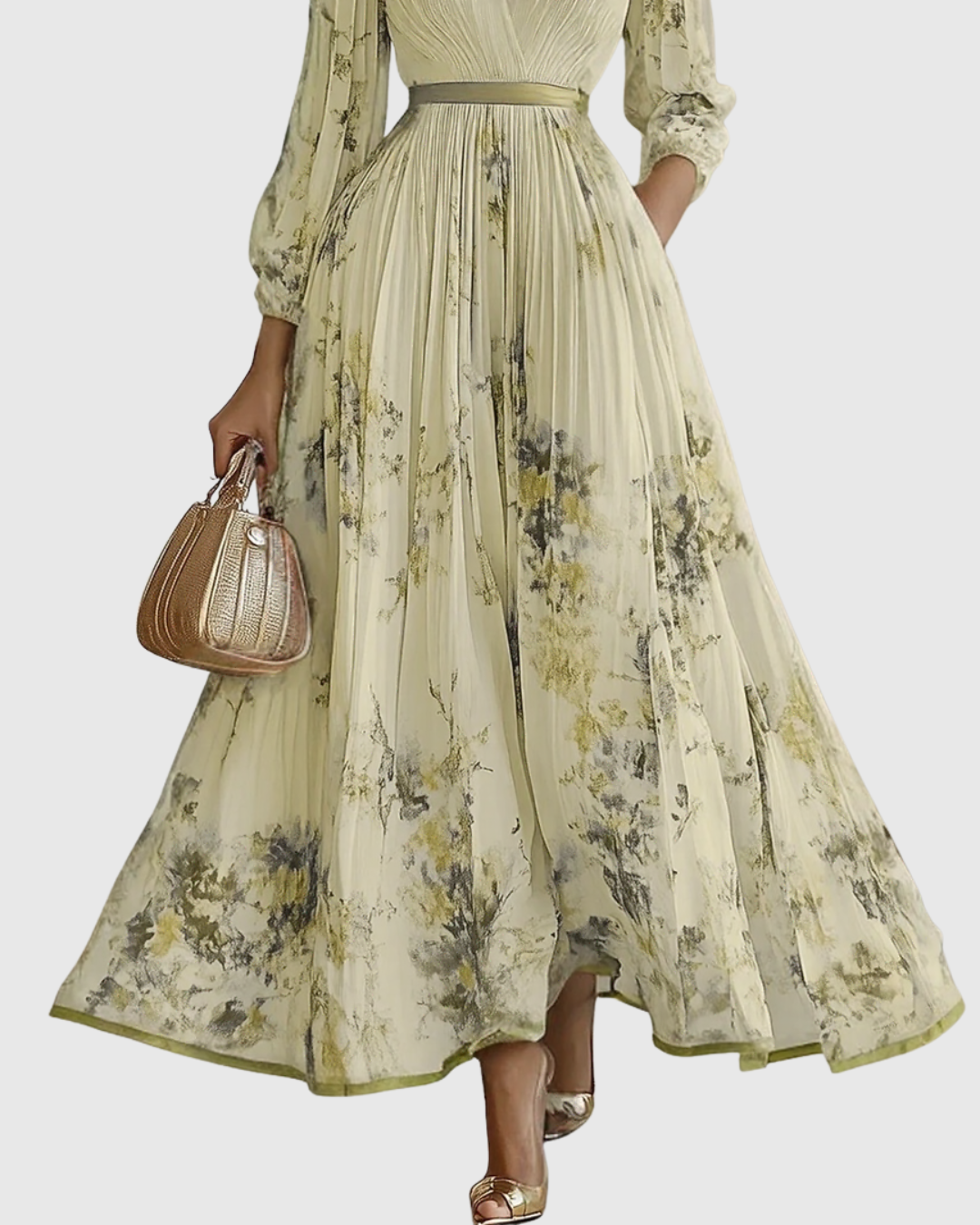 Pleated maxi dress V-neck long sleeve with ribbon-tie waist and floral pattern