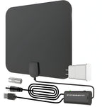 Indoor HDTV antenna with 300-mile range and signal booster, slim black design