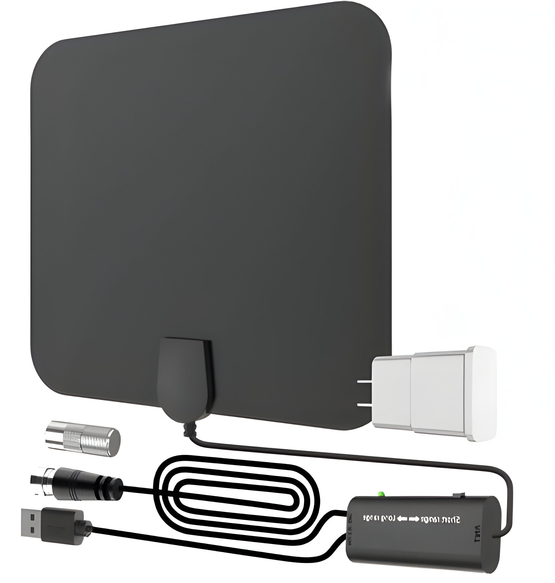 Indoor HDTV antenna with 300-mile range and signal booster, slim black design