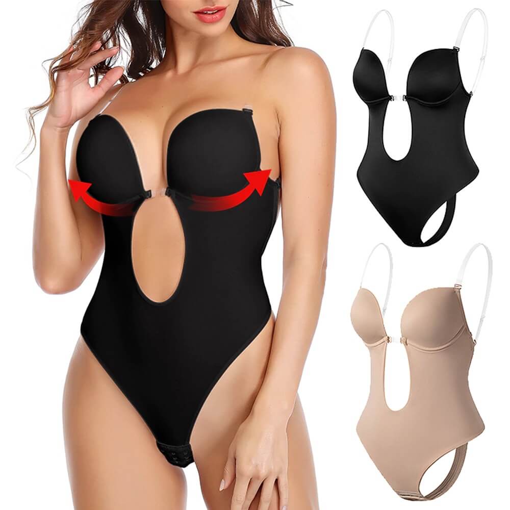 Women's deep V-neck backless body shaper with built-in bra and tummy control