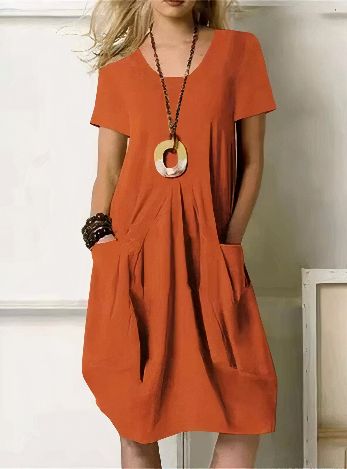 Women casual A-line knee length dress with pockets round neck