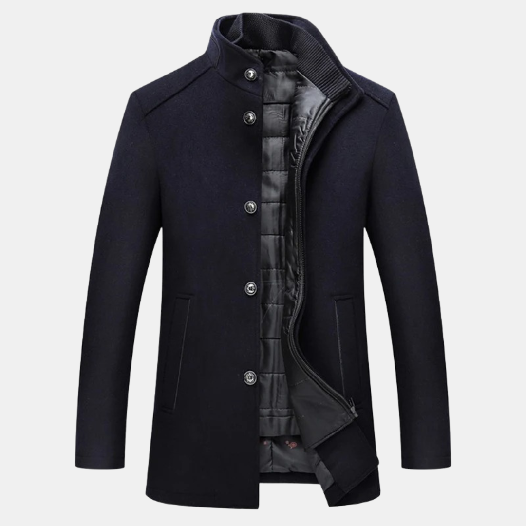 Men's wool coat with stand collar and quilted lining, autumn winter outerwear