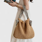 Women woven shoulder bag casual shopper in brown and beige