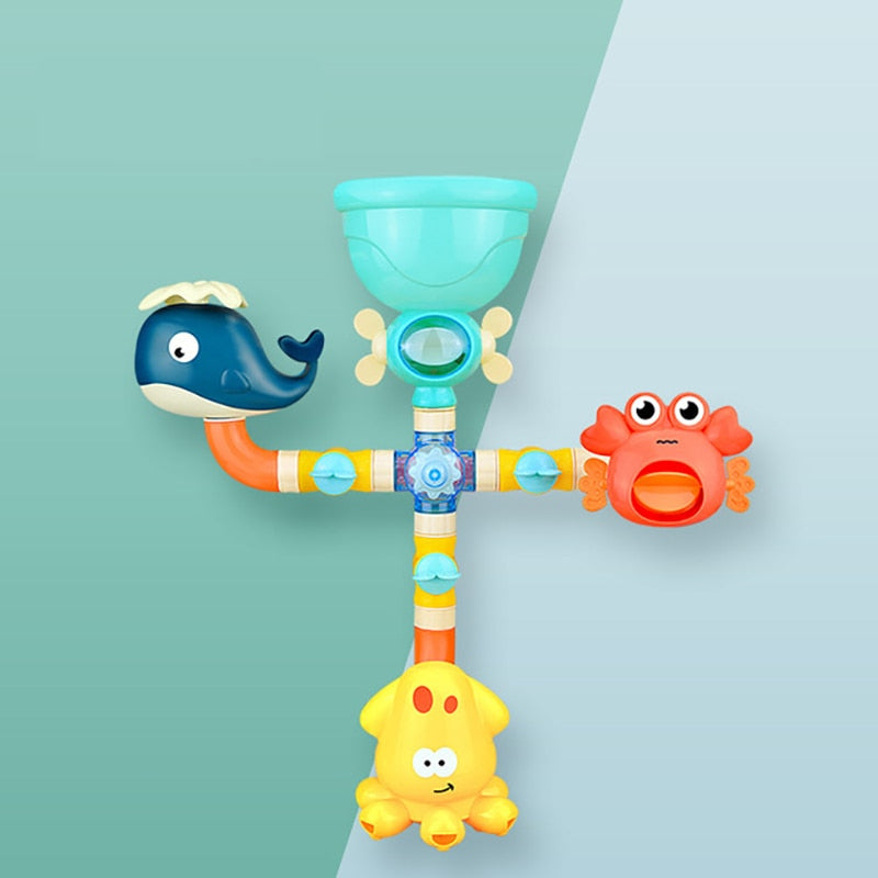 Bath toy sprinkler set with octopus, whale and crab figures with suction cups