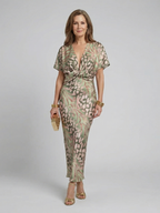 Women abstract print V neck twist waist midi dress short sleeves green