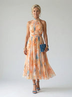 Women halter midi dress with gathered neckline and defined waist sleeveless