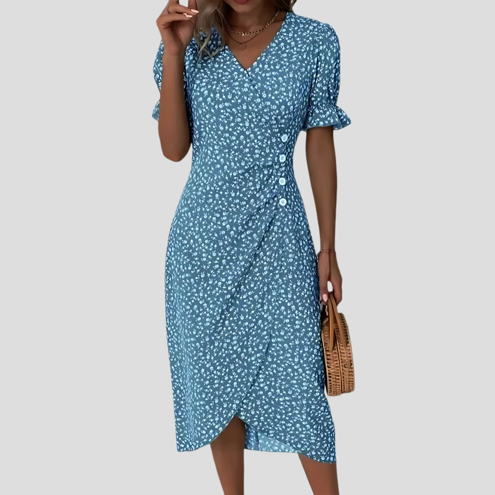 Women's floral midi dress with V-neck, puff sleeves and ruched waist, A-line summer style