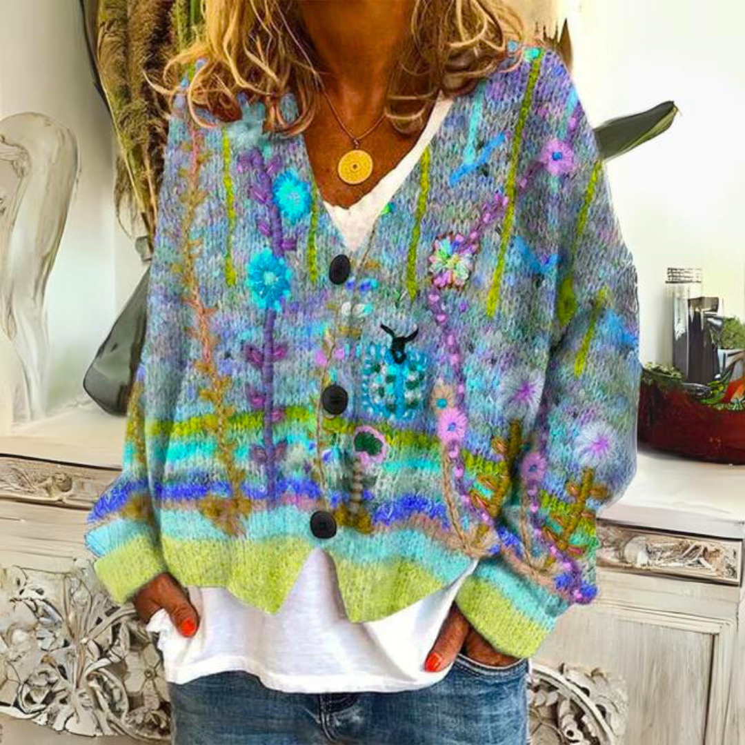 Women's boho cardigan multicolor floral embroidery oversized knit