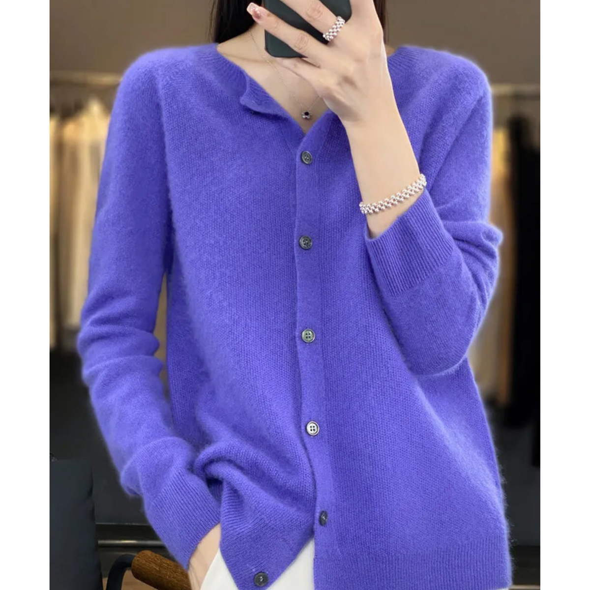 Women's merino wool sweater round neck with button placket slim fit