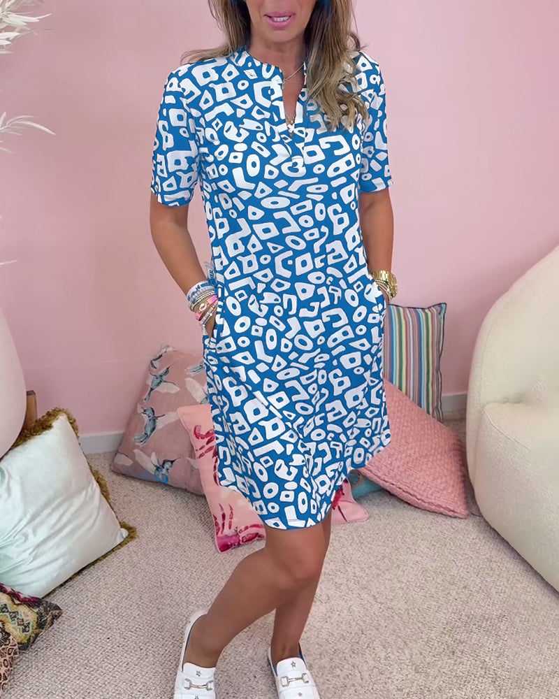 Women V-Neck A-Line Dress with abstract print and short sleeves