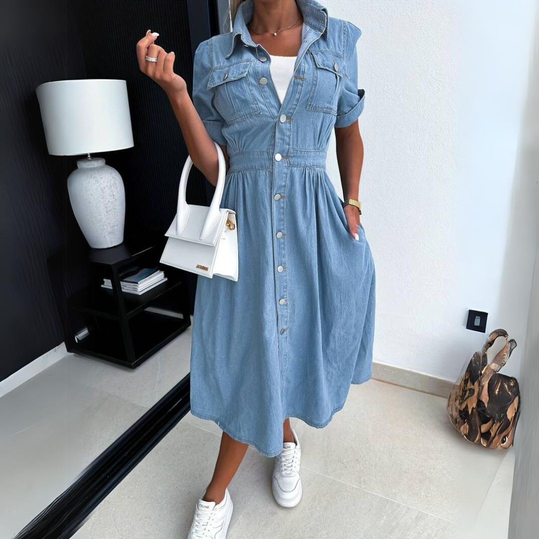 Women denim dress figure flattering silhouette casual style
