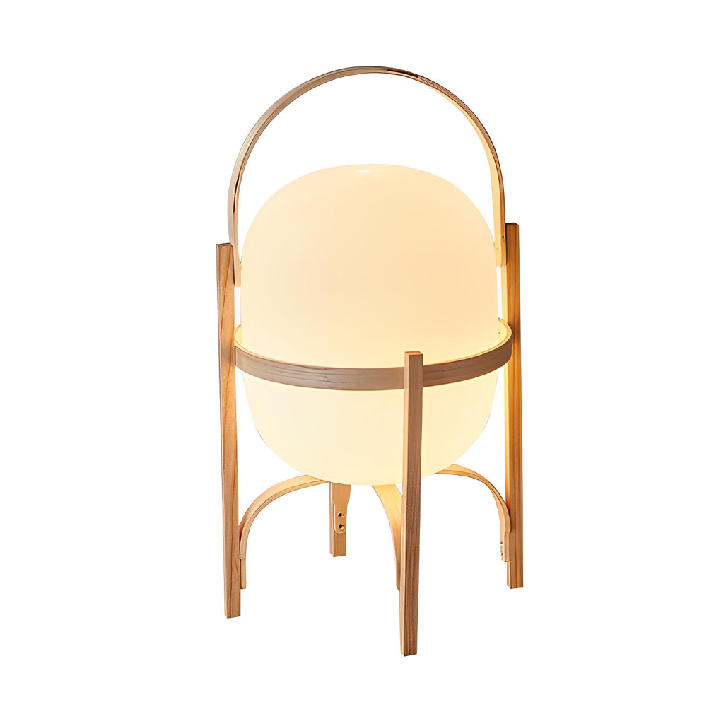 Lantern table lamp with glass shade and wooden base, portable wood and walnut finish