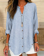 Women loose fit long sleeve striped button-up blouse with V-neck