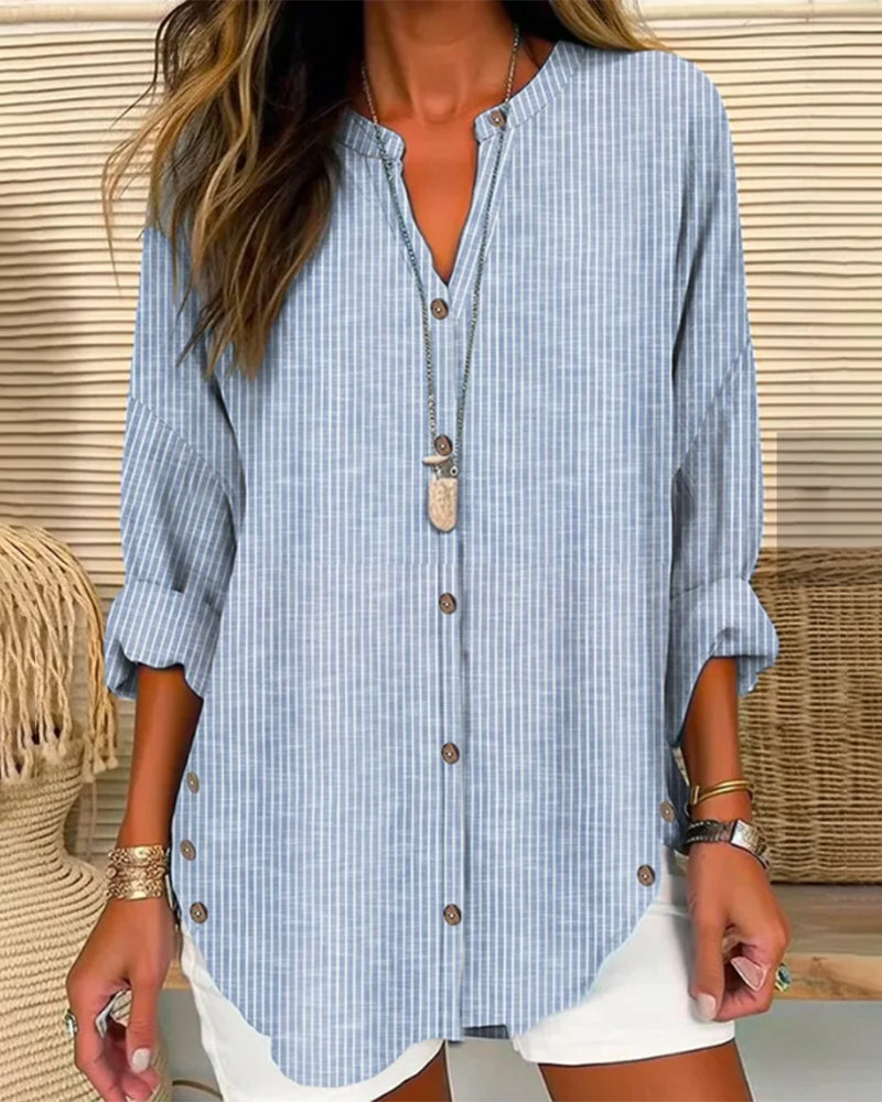 Women loose fit long sleeve striped button-up blouse with V-neck