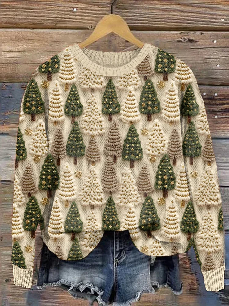Women's Christmas sweater soft-touch festive jumper relaxed fit in beige green multicolour