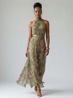 Midi Dress Floral Halter Gathered Bodice Sleeveless | Soraya