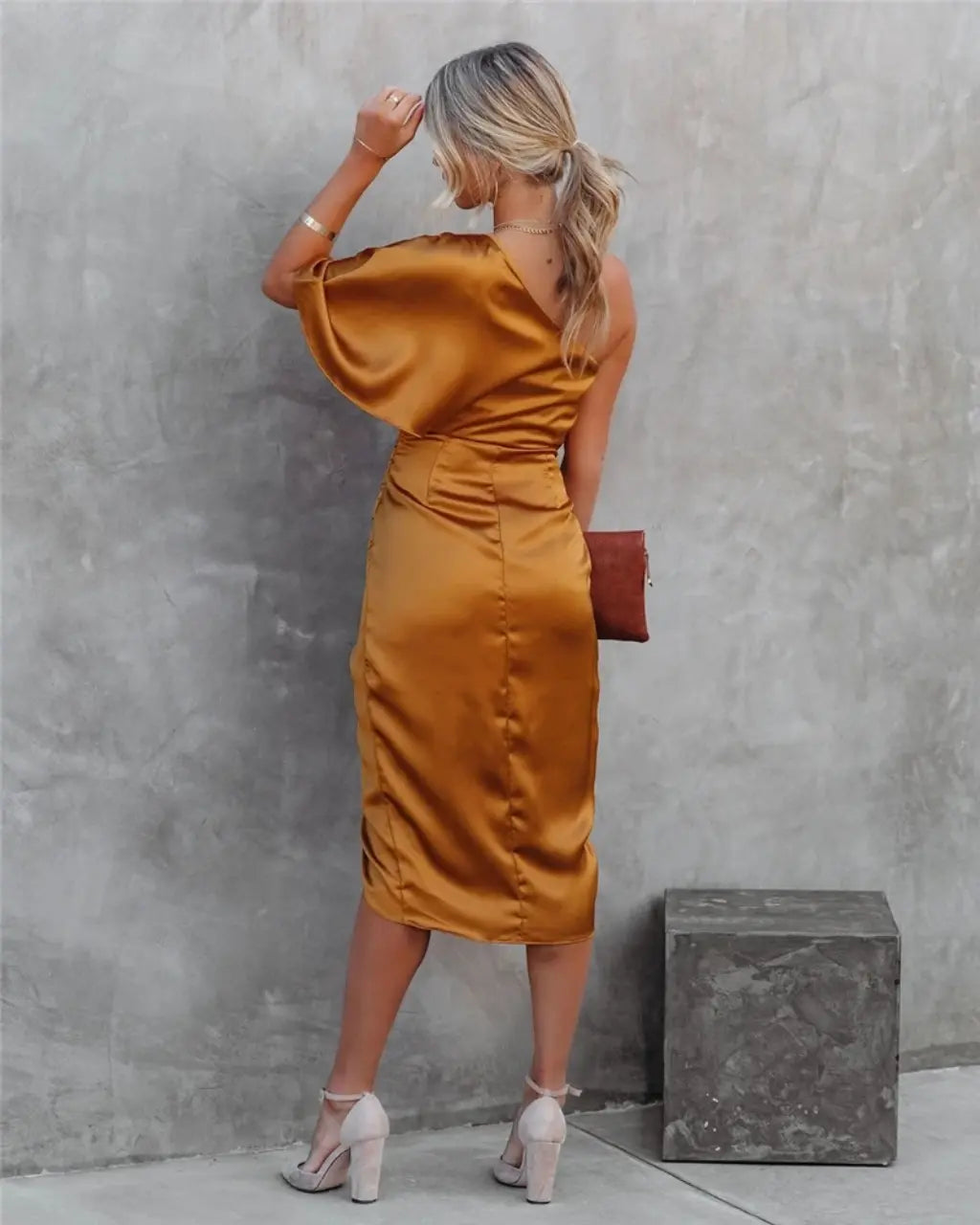 Women's asymmetric one-shoulder draped midi dress for evening occasions