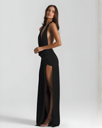 Halter neck backless maxi dress with high side slit, flowing silhouette for evening events