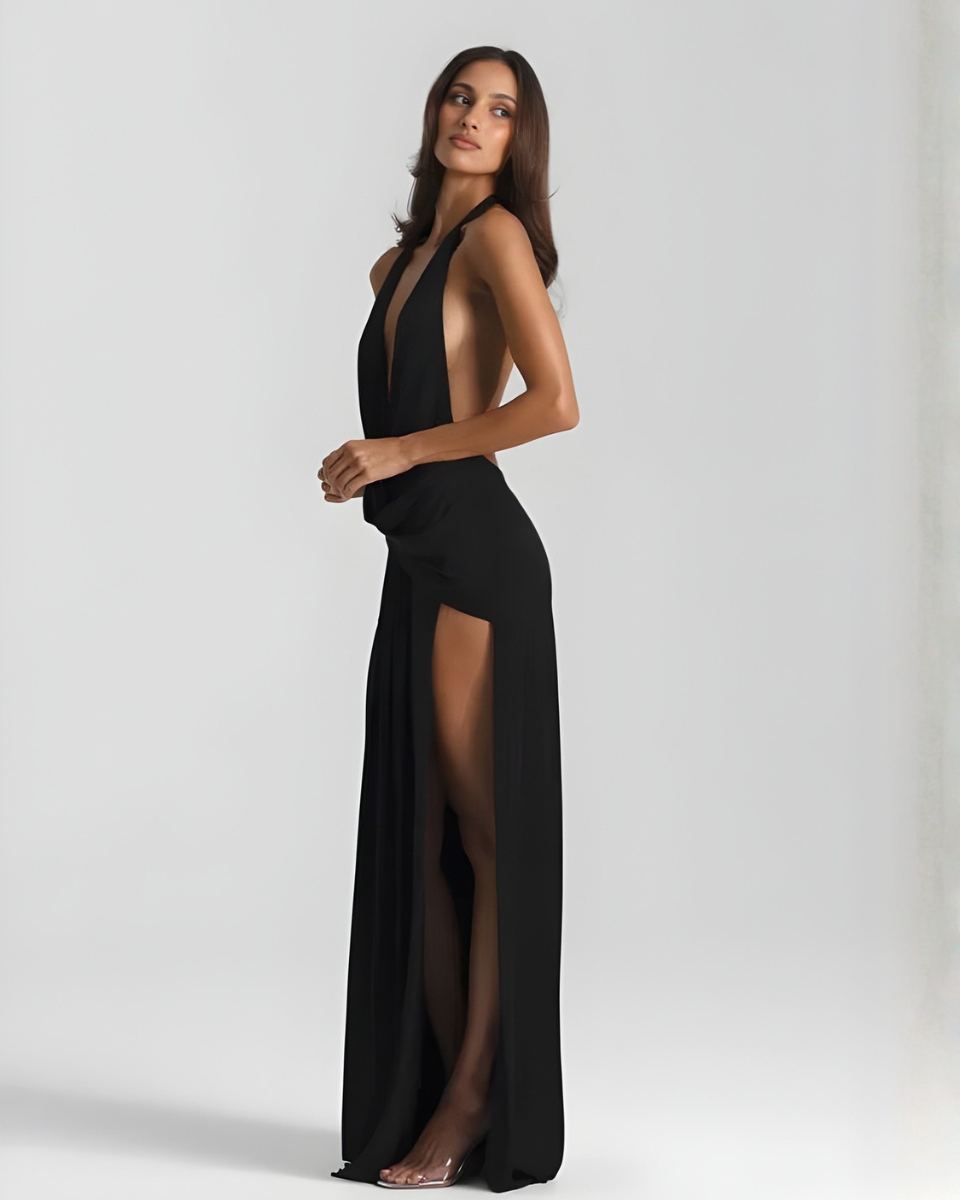 Halter neck backless maxi dress with high side slit, flowing silhouette for evening events