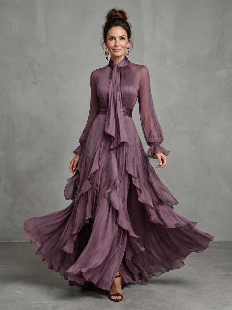 Women tie neck ruffle tiered maxi dress long sleeve purple flowing