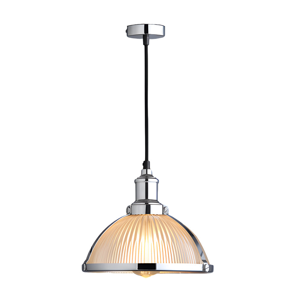 Retro pendant lamp with striped glass shade in chrome and bronze, 1-light hardwired ceiling fixture