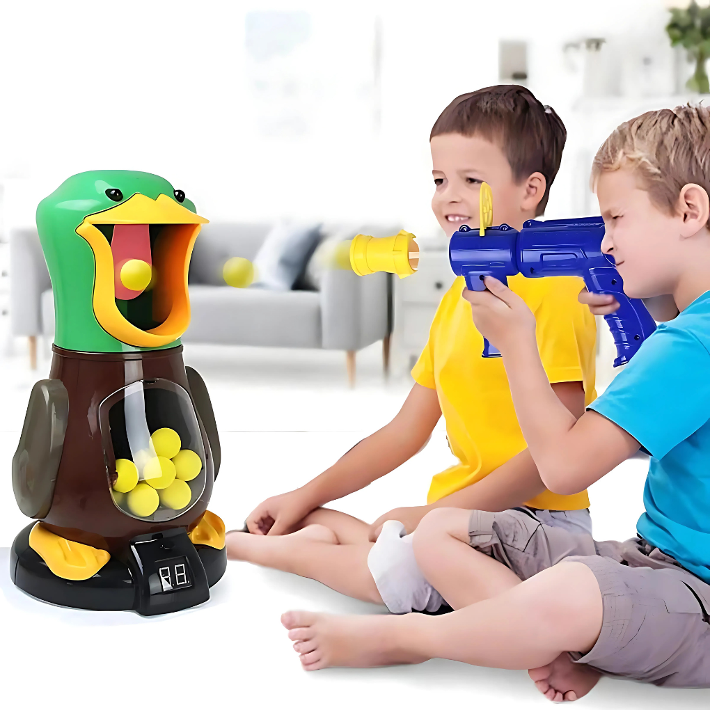 Kids air powered soft bullet shooting game with walking light up duck target set