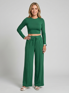 Women 2 piece long sleeve crew neck crop top wide leg pants set