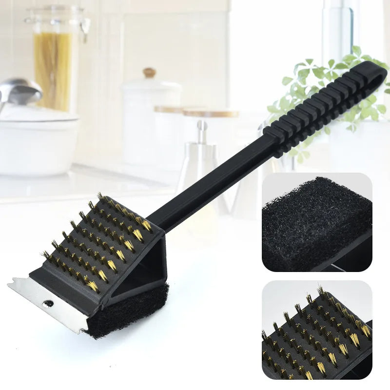 BBQ grill brush 3-in-1 with scraper and sponge, black