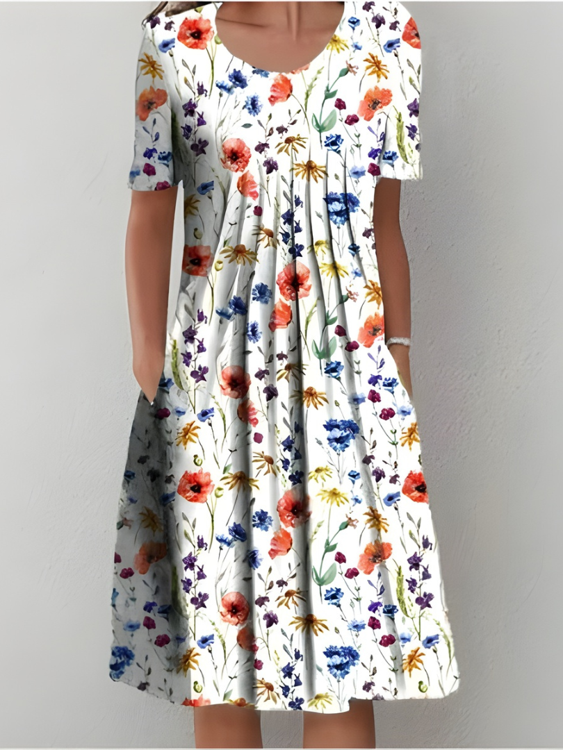 Women pleated floral midi dress with side pockets in soft-touch fabric