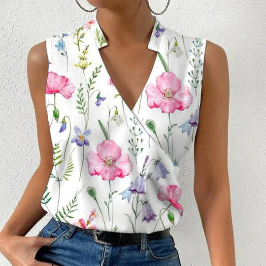 Women V-neck sleeveless blouse floral print lightweight relaxed fit