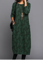 Midi dress with pockets, long sleeve floral cotton blend, mid-calf length
