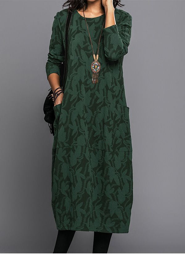 Midi dress with pockets, long sleeve floral cotton blend, mid-calf length