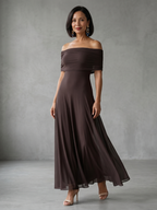 Women off shoulder draped midi dress with sheer overlay and flowing skirt