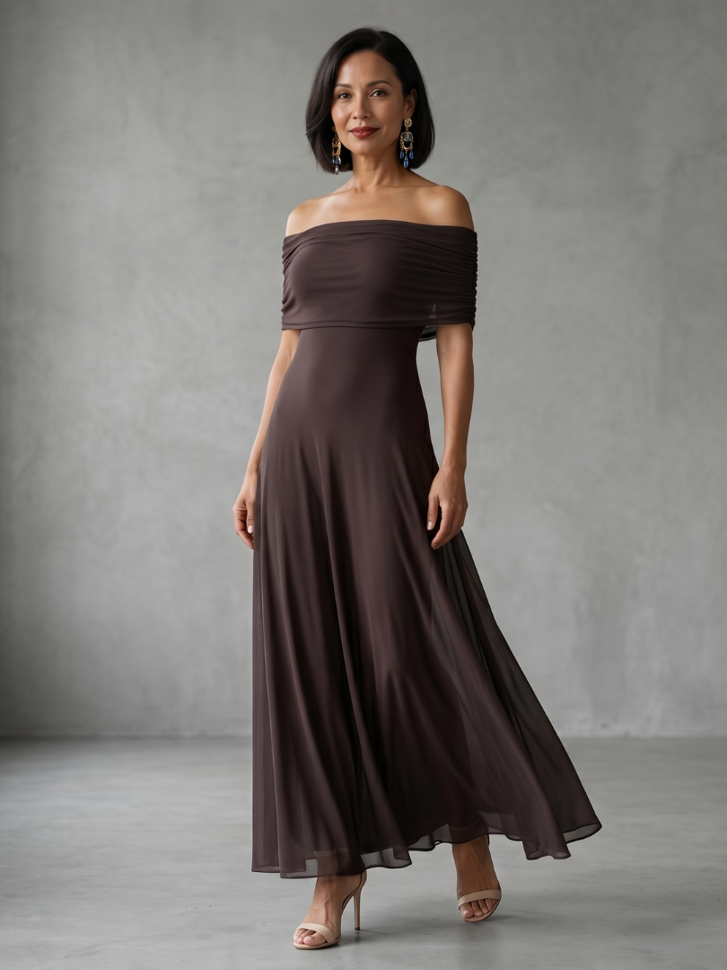 Women off shoulder draped midi dress with sheer overlay and flowing skirt