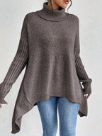 Women knit sweater high neck asymmetric hem relaxed fit