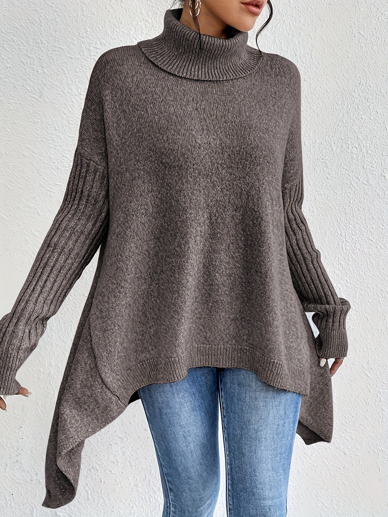 Women knit sweater high neck asymmetric hem relaxed fit