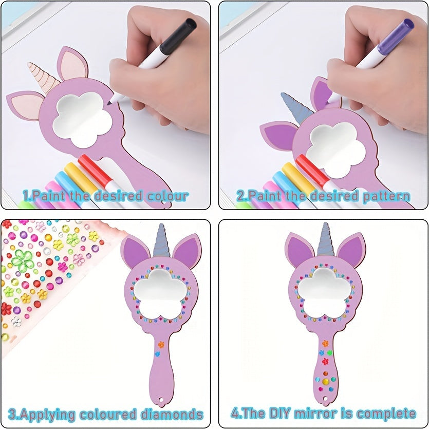 12-piece unicorn DIY wooden mirrors wall décor set, no battery, polished wood frame