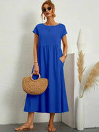 Women casual midi maxi dress with side pockets and short sleeves