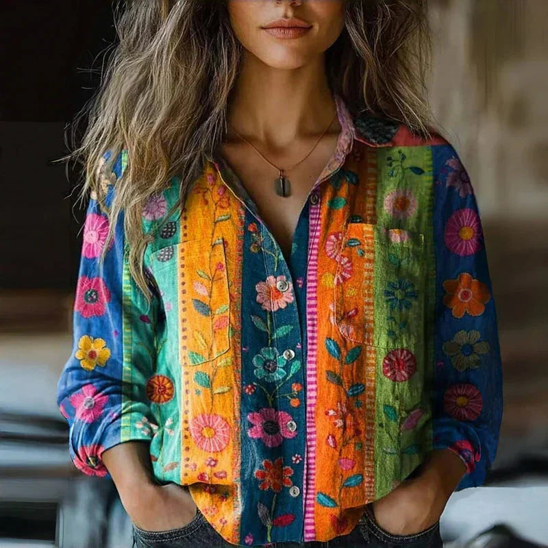 Women's cotton blouse with vintage print and long sleeves, relaxed fit summer shirt