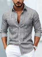 Men long sleeve striped shirt vintage wash relaxed regular fit
